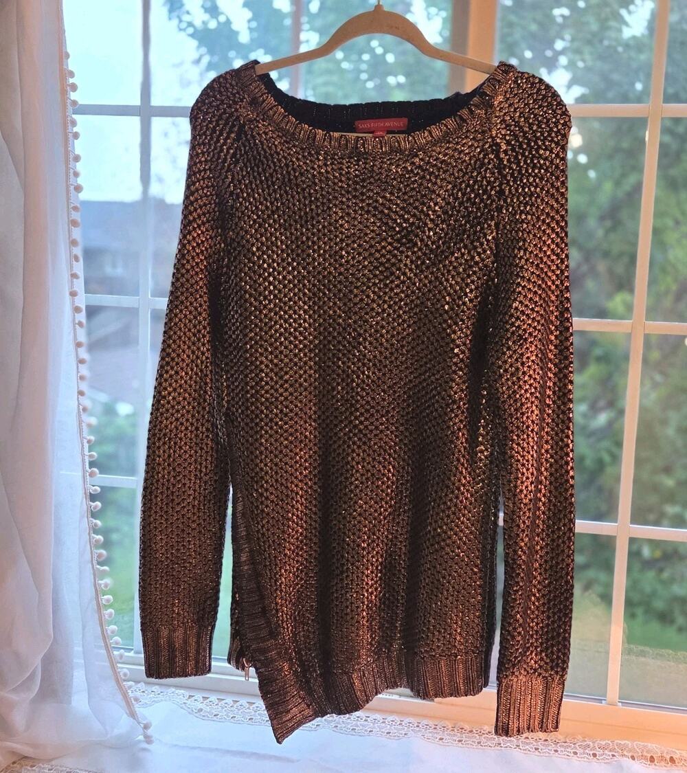 Saks Fifth Avenue Women Foil Copper Metallic Pullover Side Zip Sweater Sz Large